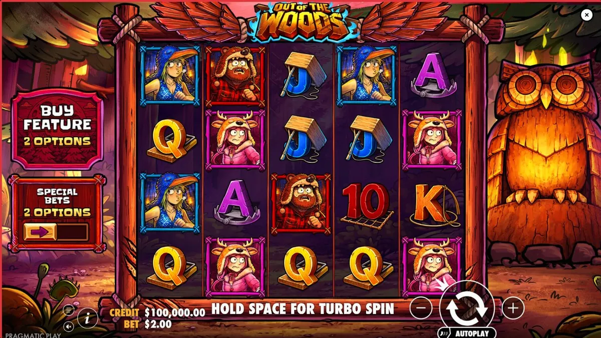 Tampilan visual slot Out of the Woods dengan tema hutan dan karakter hewan