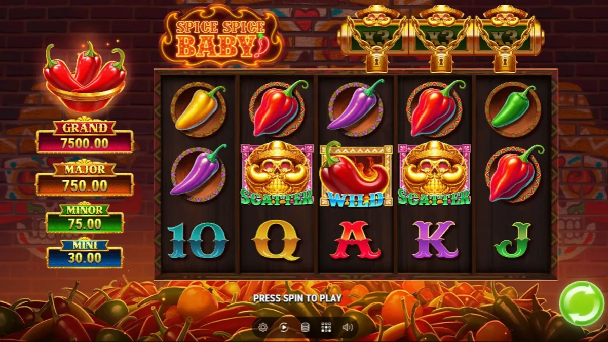 Tampilan layar slot Spice Spice Baby! dengan tema cabai Meksiko yang cerah dan penuh warna di perangkat mobile.